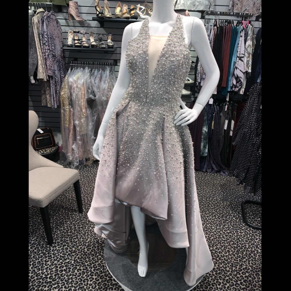 Silver pearl beaded high low gown